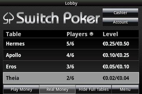 Лобби мобильного покер-рума Switch Poker